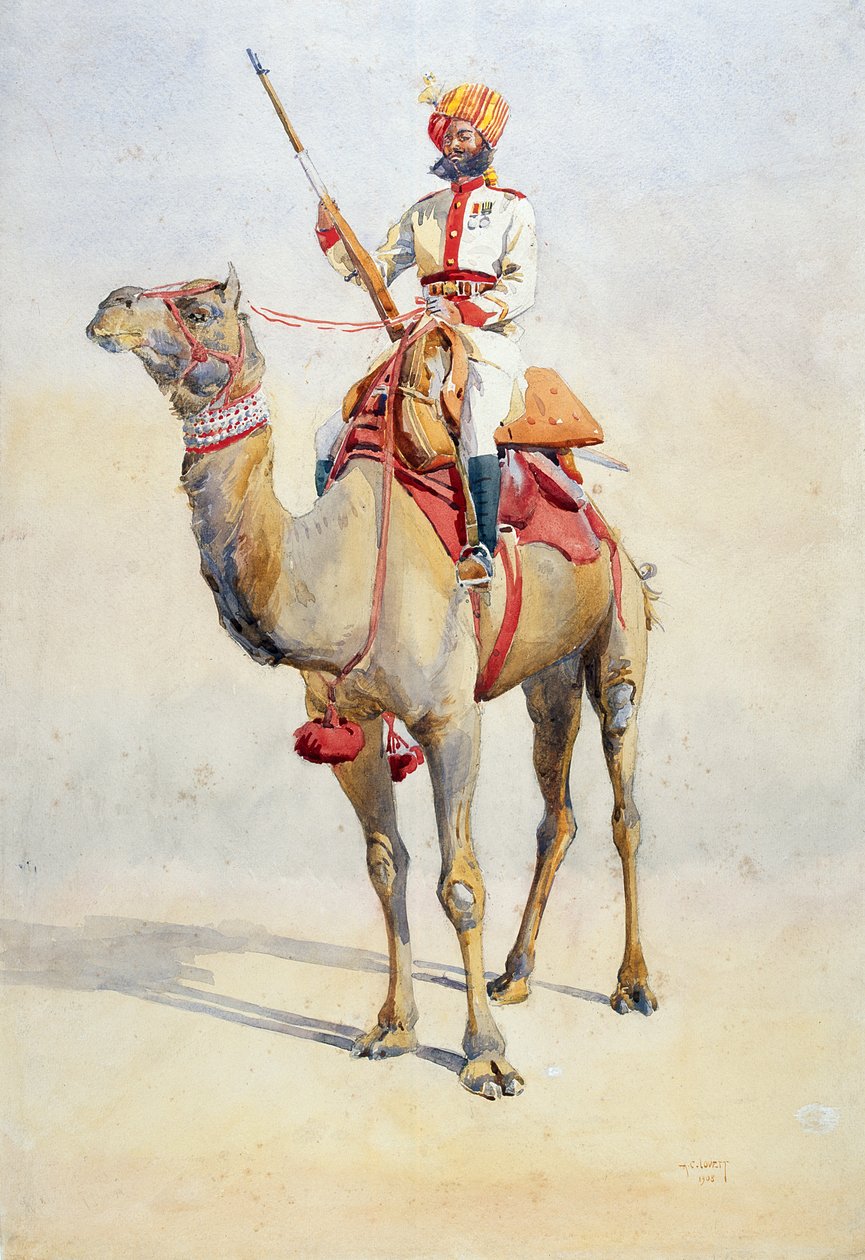 Sowar från Bikanir Camel Corps, illustration för "Armies of India" av major G.F. MacMunn, publicerad 1911, 1908 av Alfred Crowdy Lovett
