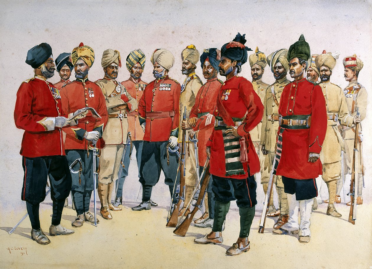 VCO:er, underofficerare och sepoyer från olika Punjab-regementen, illustration för "Armies of India" av major G.F. MacMunn, publicerad 1911 av Alfred Crowdy Lovett
