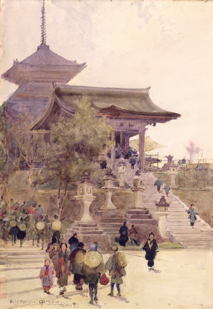 Ingången till templet Kiyomizu-Dera, Kyoto, med pilgrimer som stiger upp av Alfred East