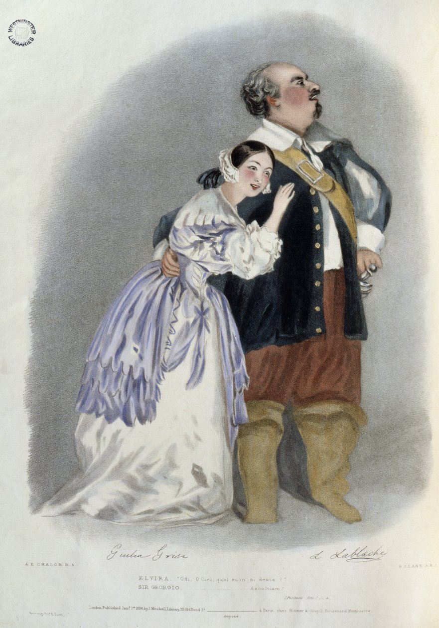 Giulia Grisi (1811-69) som Elvira och Luigi Lablache (1794-1858) som Sir George Walton i 
