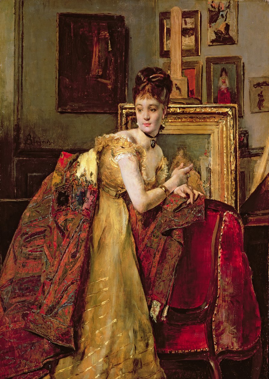 Kvinna med en indisk sjal i en studio av Alfred Emile Stevens