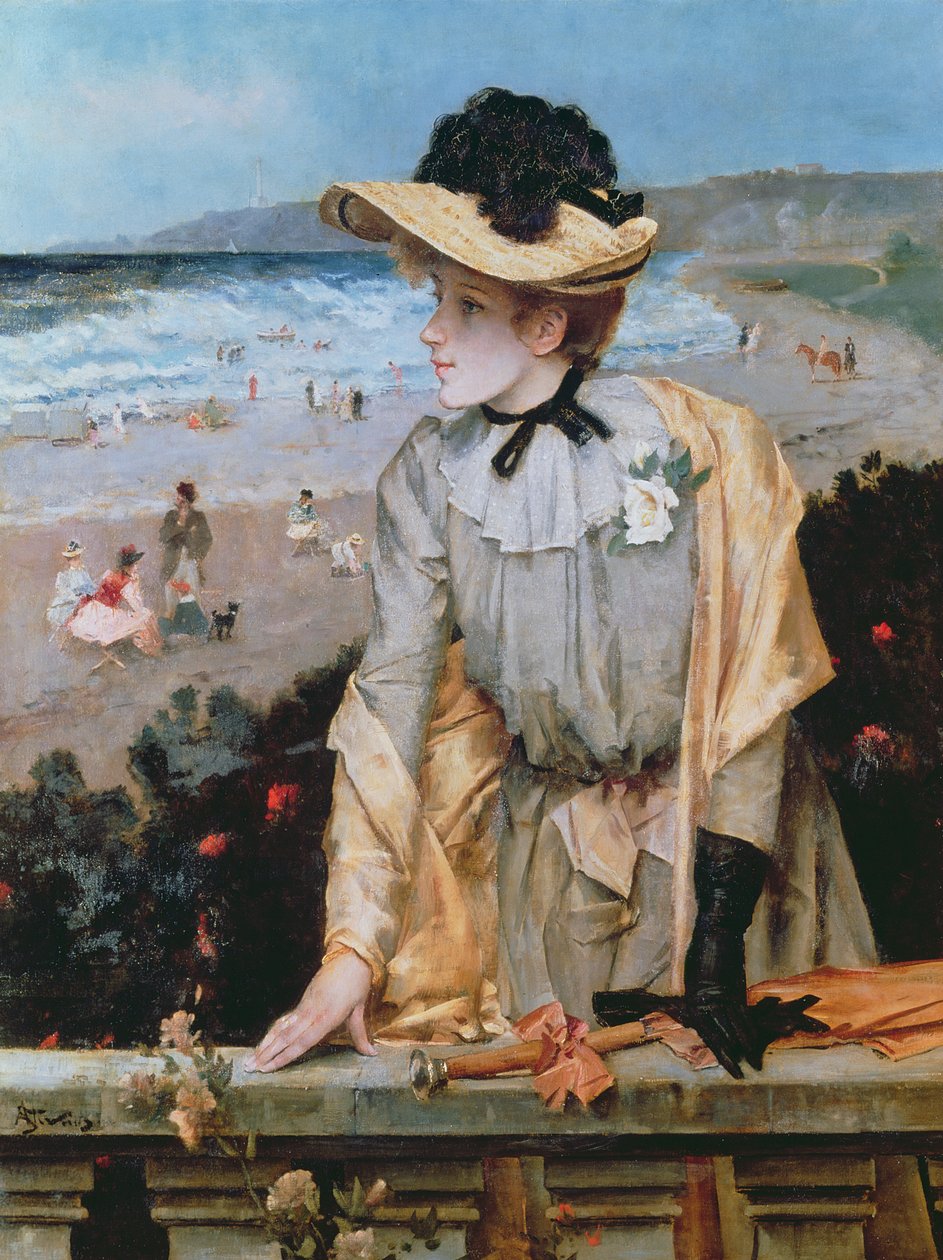 Ung kvinna på stranden, eller Parisienne vid havet av Alfred Emile Stevens