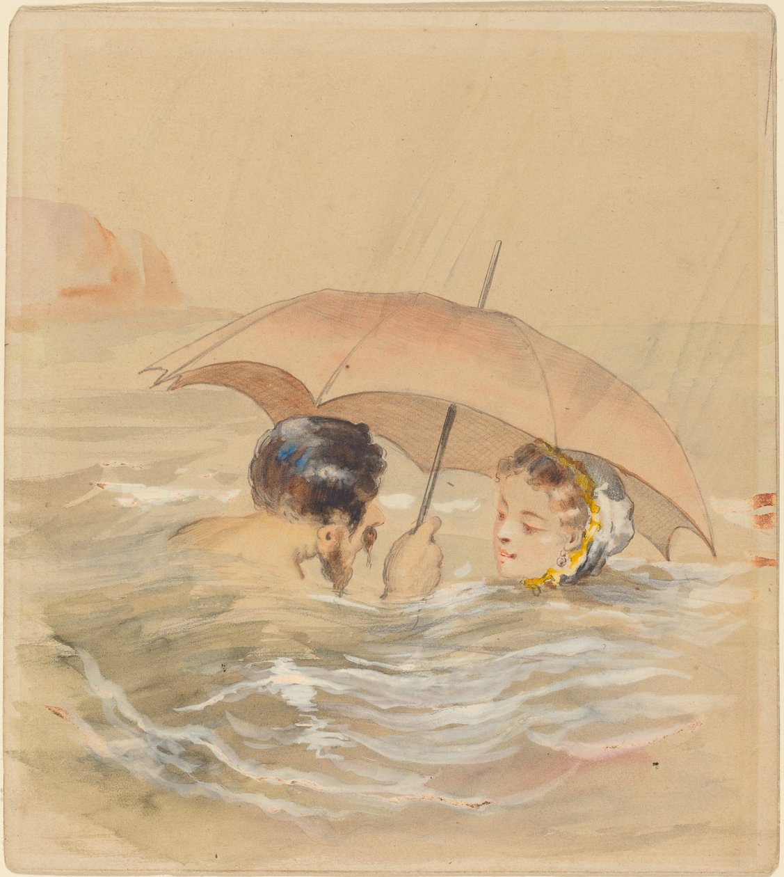 Badande män och kvinnor med paraply (wc och gouache över grafit på kartong) av Alfred Grevin