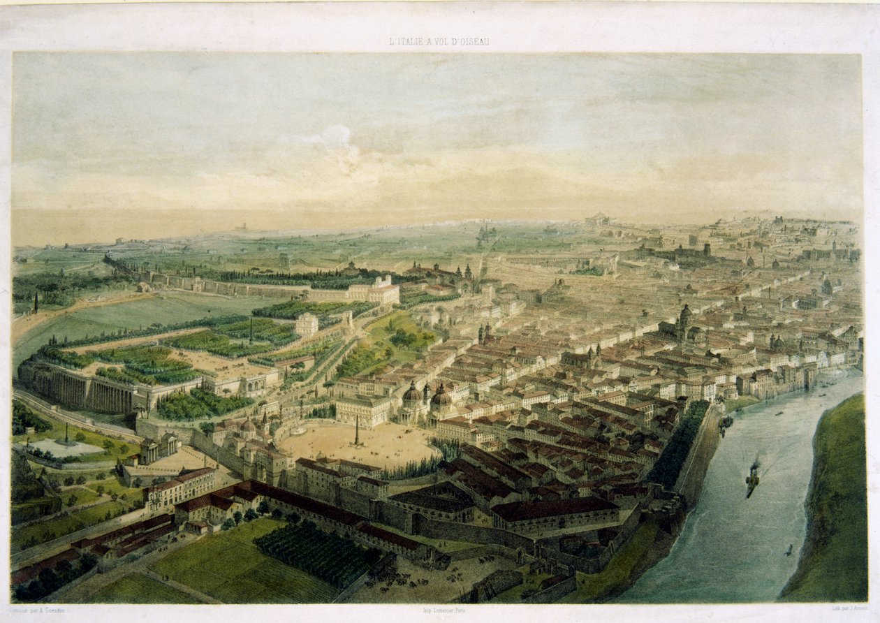 Utsikt över Rom över Porta del Popolo, litografi av J. Arnout av Alfred Guesdon