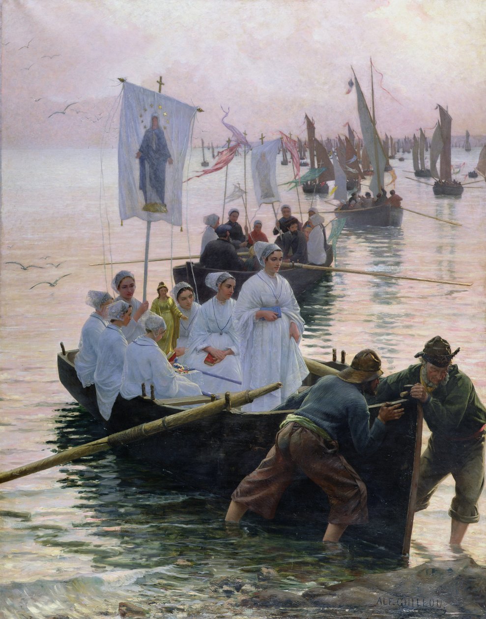 Ankomsten av processionen av St. Anne från Fouesnant till Concarneau, 1887 av Alfred Guillou