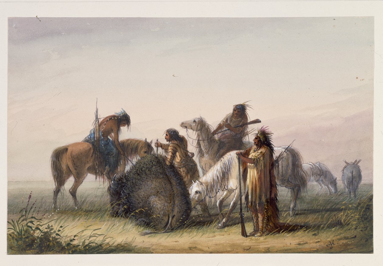 Försörjningsläger med Buffalo Meat, ca 1858-60 (wc på papper) av Alfred Jacob Miller