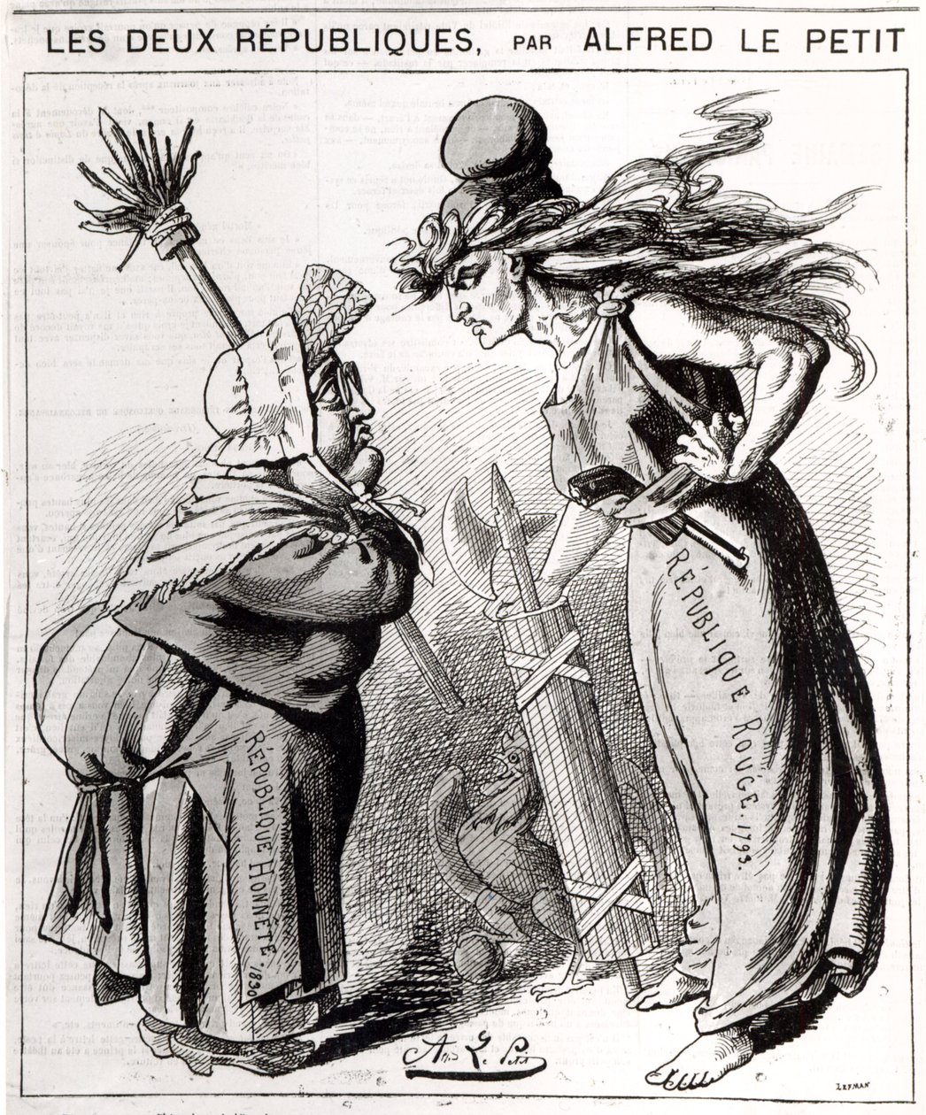 Tecknad serie som skildrar den sociala franska republiken mot den konservativa franska republiken från "Le Grelot", 1872 av Alfred Le Petit