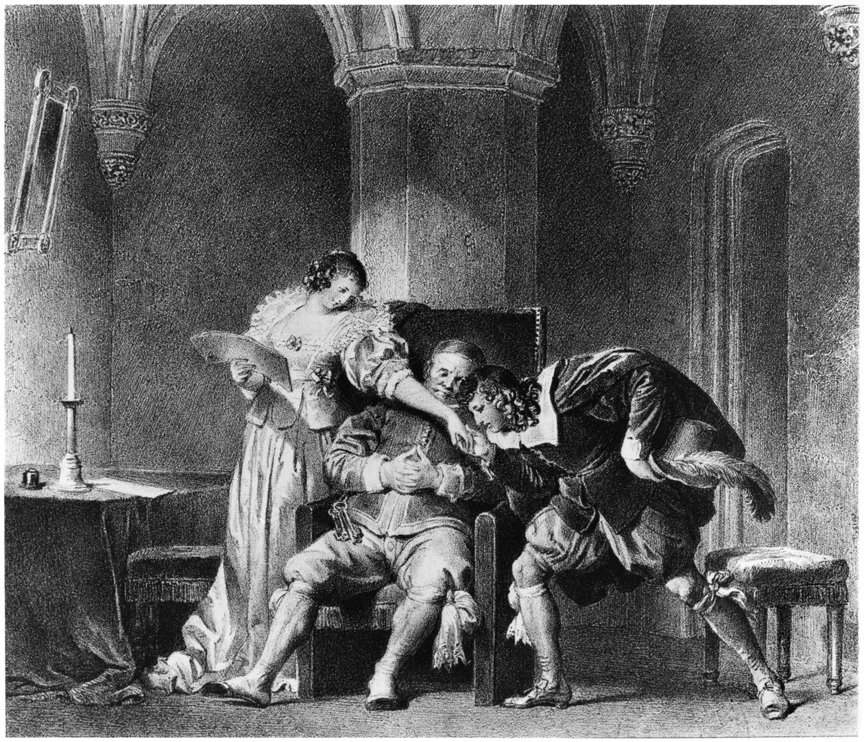 Rosine, Bartholo, greve Almaviva, illustration från 