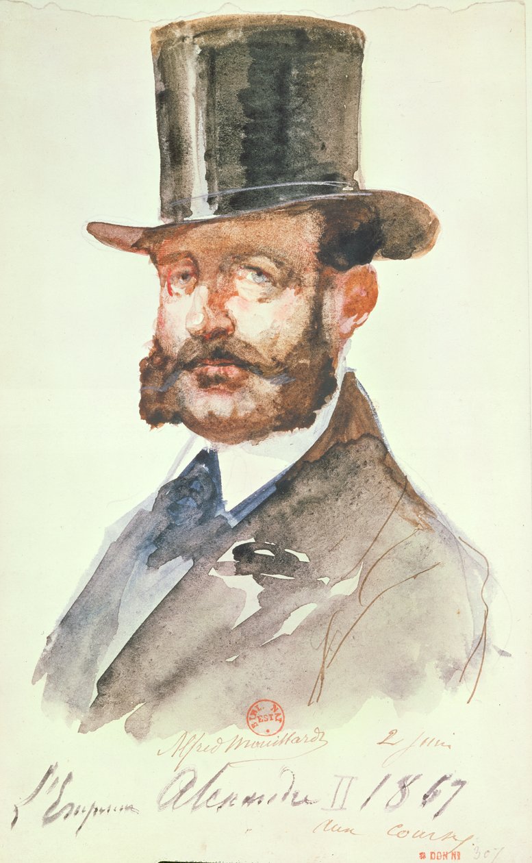 Kejsar Alexander II (1818-81) vid tävlingarna, 2 juni 1867 (penna och bläck och wc på papper) av Alfred Mouillard