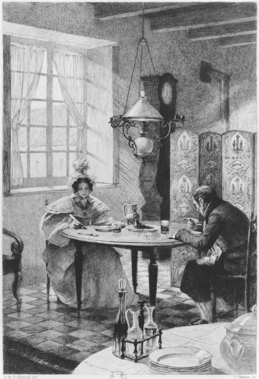 Emma och Charles Bovary, illustration ur "Madame Bovary" av Gustave Flaubert (1821-80), graverad av Carlo Chessa (1855-1925) 1905 av Alfred Paul Marie Richemont