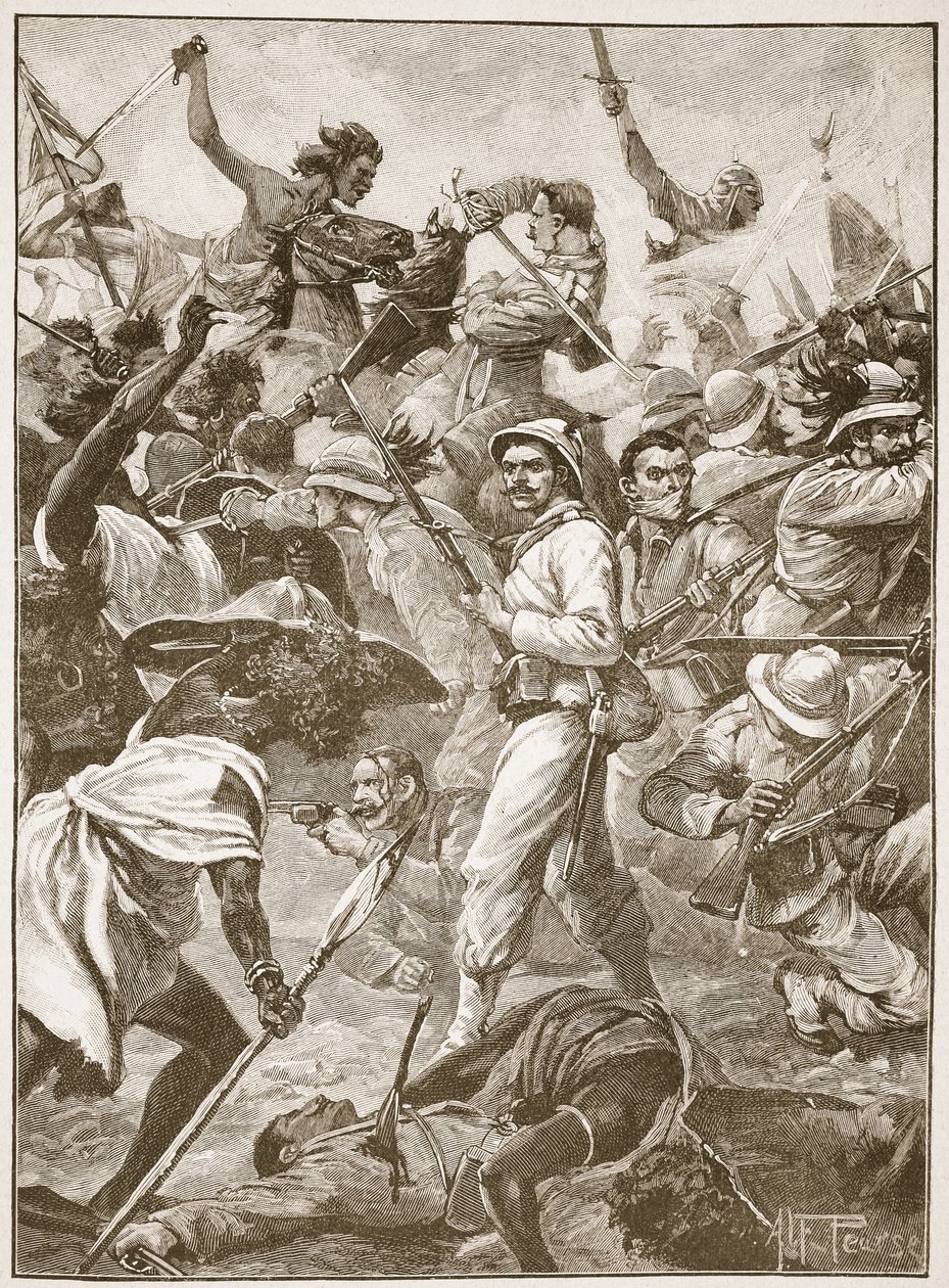 En handfull Bersaglieri med en avancerad post skars i bitar, illustration från "Battles of the Nineteenth Century" av Archibald Forbes, G.A. Henty och major Arthur Griffiths av Alfred Pearse