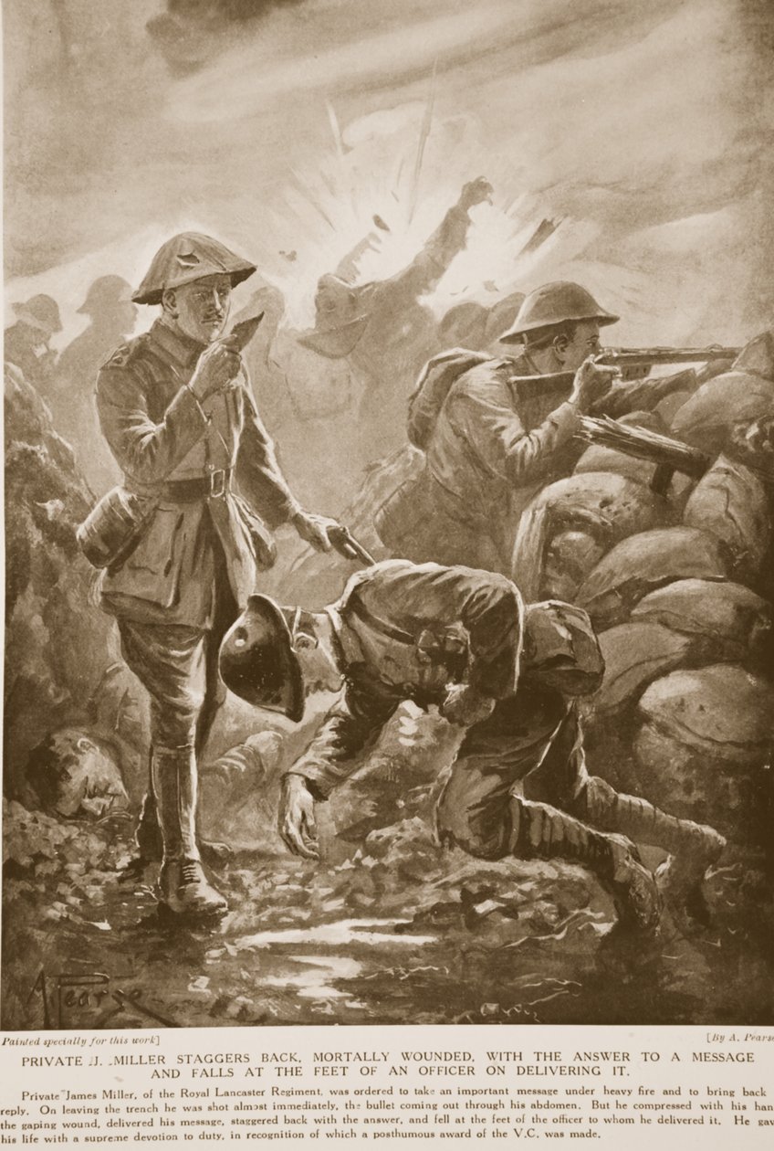 Menig J. Miller vacklar tillbaka, dödligt sårad, med svaret på ett meddelande och faller för en officers fötter när han levererar det av Alfred Pearse