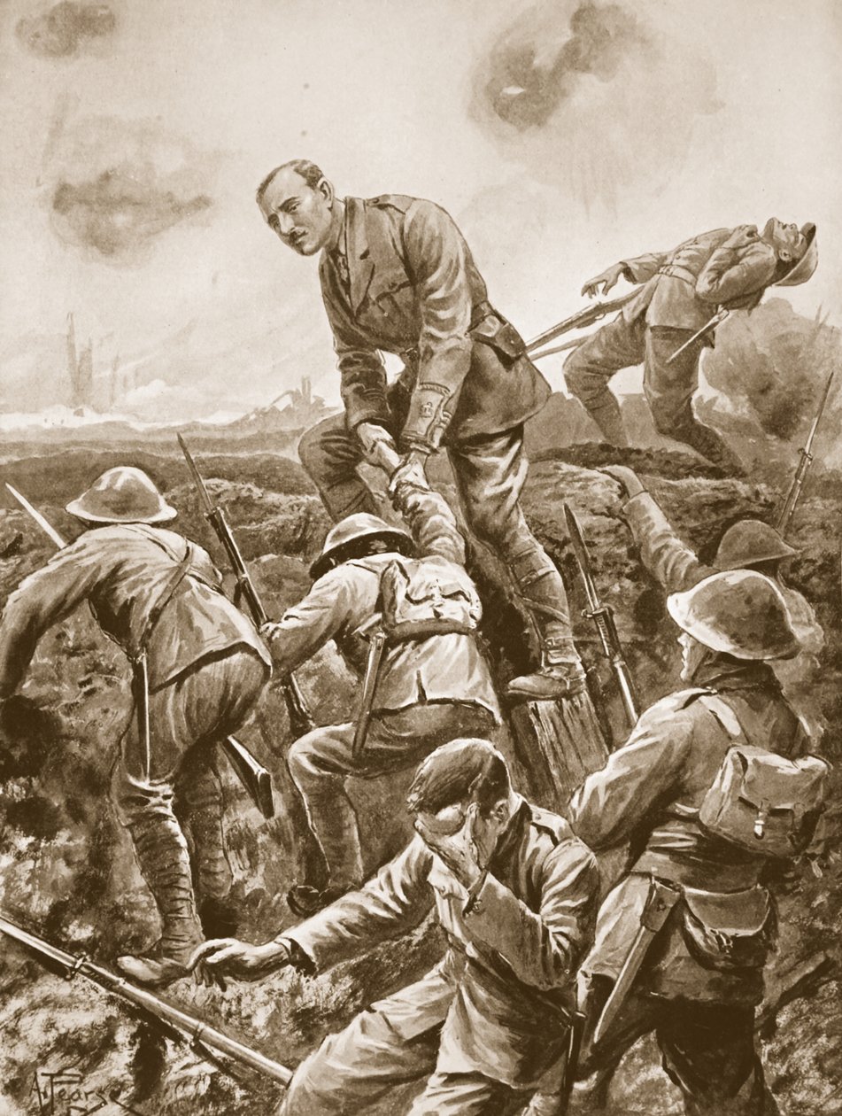 Tillfällig major S.W. Loudoun-Shand hjälper män över bröstvärnet medan de utsätts för mycket hård kulspruteeld av Alfred Pearse