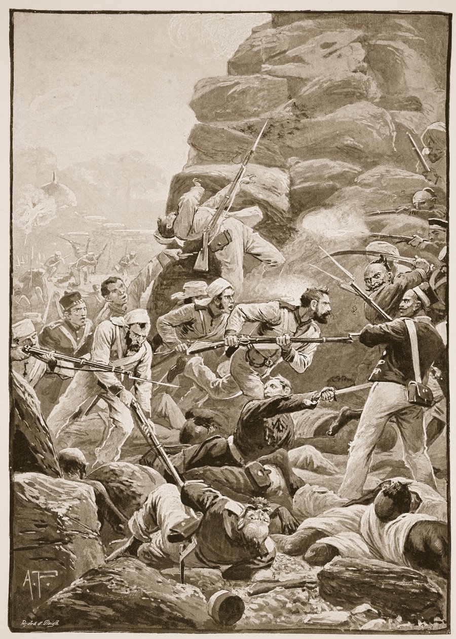 "Stormarna rusade över skräpet av intrånget", illustration från "Battles of the Nineteenth Century" av Archibald Forbes, G.A. Henty och major Arthur Griffiths av Alfred Pearse