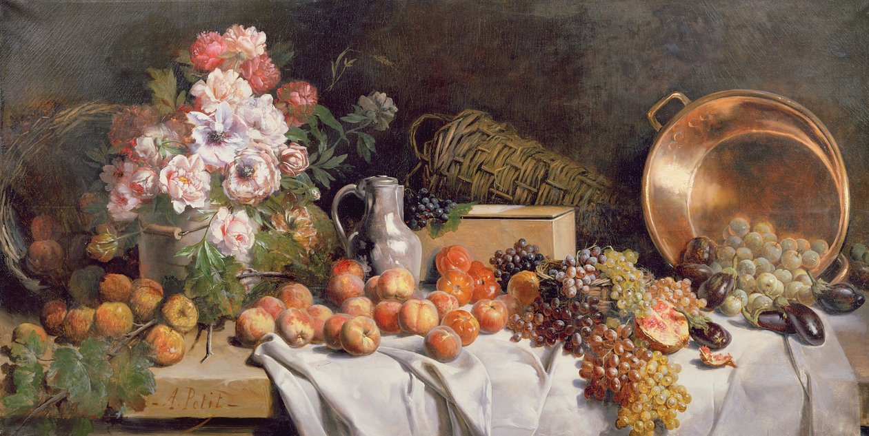 Stilleben med blommor och frukt på ett bord av Alfred Le Petit