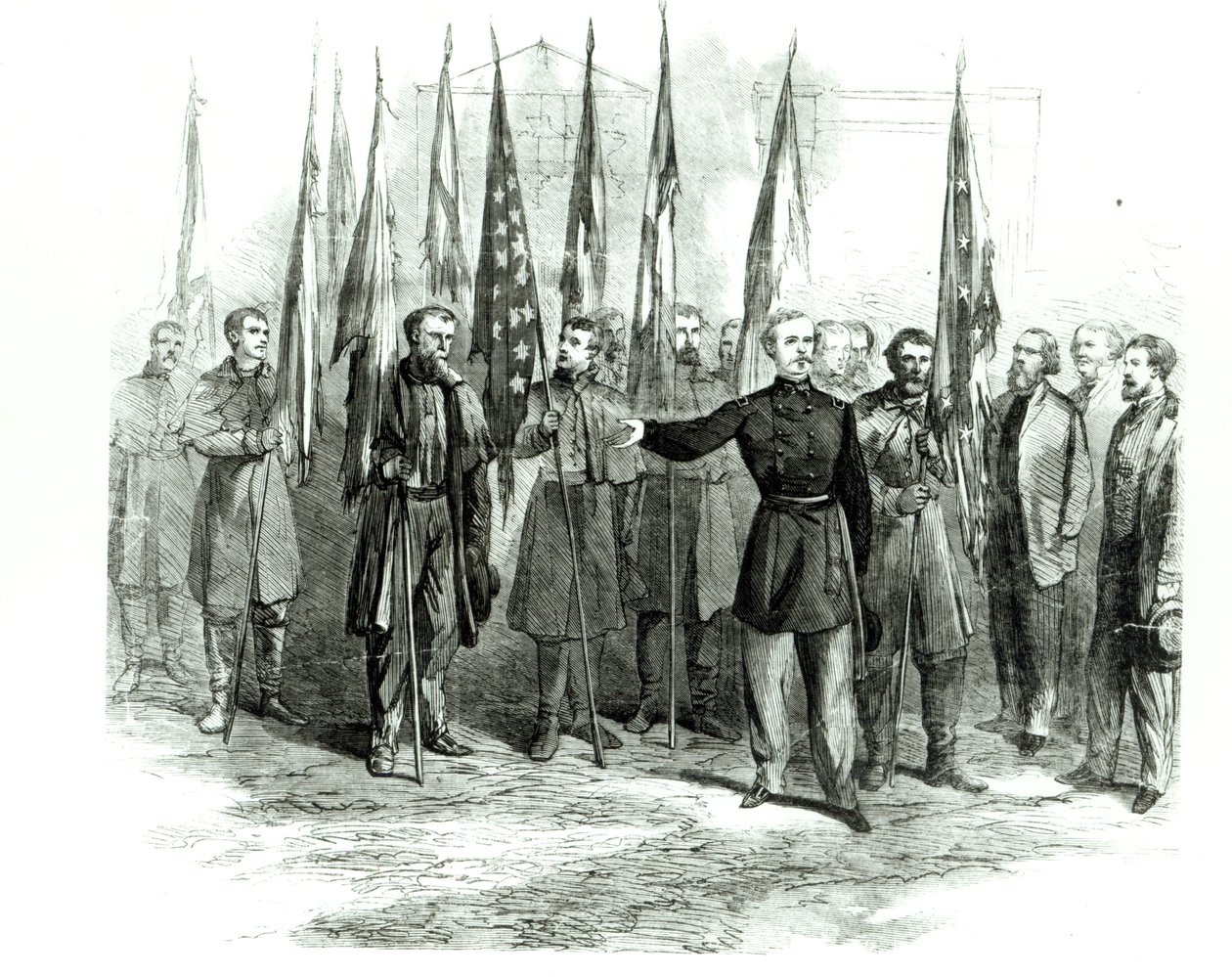 General Custer presenterade fångade konfedererade flaggor i Washington den 23 oktober 1864 av Alfred Rudolph Waud