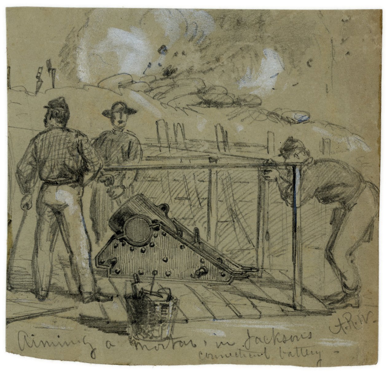 En 8-tums belägringsgranat från unionen i skyttegravarna utanför Petersburg, Virginia, som Alfred R. Waud skisserade. av Alfred Rudolph Waud