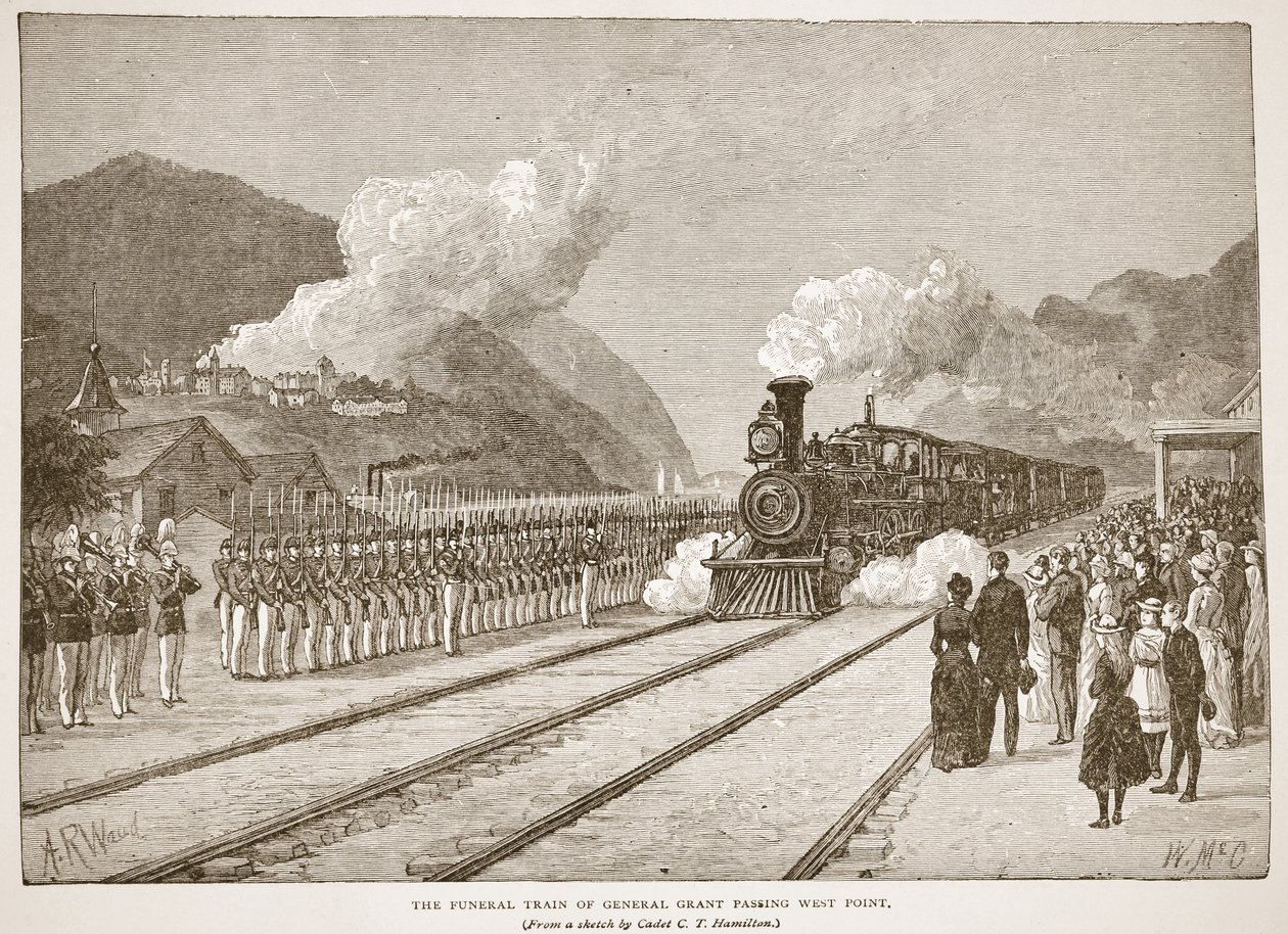 General Grants begravningståg som passerar West Point, från en bok som publicerades av. 1896 av Alfred Rudolph Waud