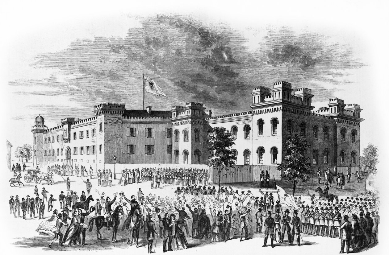 South Carolina State Arsenal i Charleston, South Carolina, bevakad av paraderande avdelningar från Washington Light Infantry, 1860. av Alfred Rudolph Waud