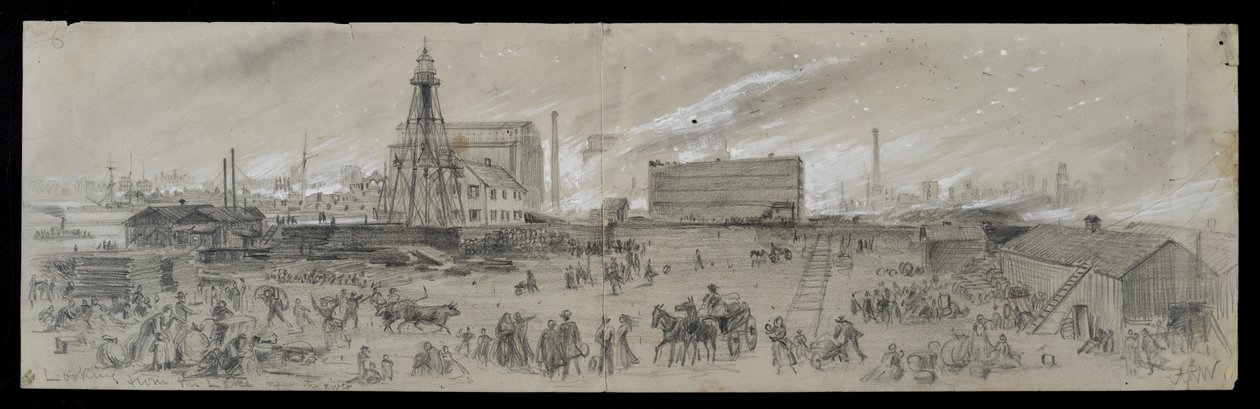 Utsikten från Lake Michigan nära Chicago River under Chicago-branden 1871 (penna och krita på papper) av Alfred Rudolph Waud
