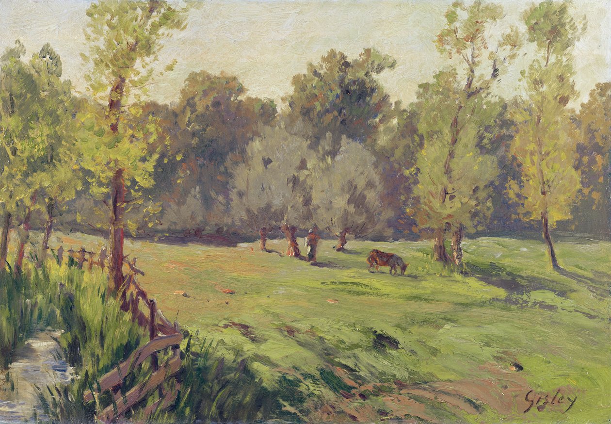 En betesmark med en bäck och en inhägnad, c.1868 av Alfred Sisley