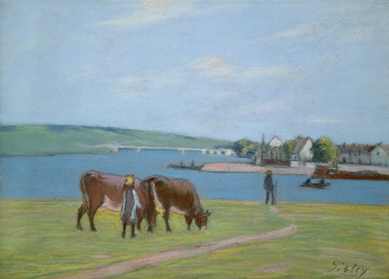 Kor på stranden av Seine i Saint-Mammes (pastell) av Alfred Sisley