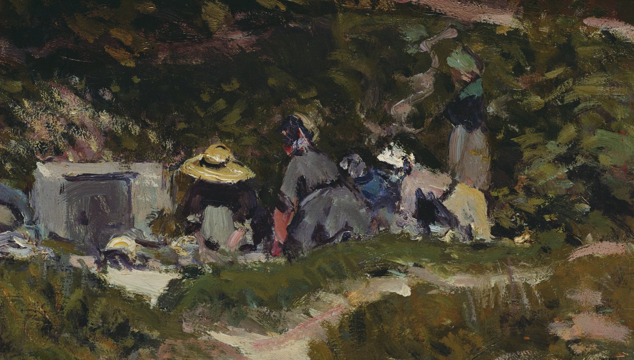 Damtvättolja på duk detalj av 340101 av Alfred Sisley