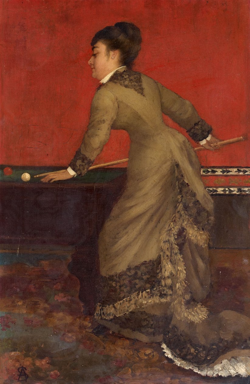 Elegant at Billiards. A Victorian aristocratic woman playing carom billiards.  av Alfred Emile Stevens