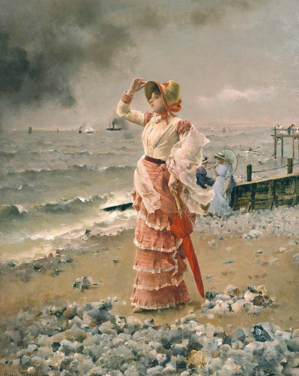 Femme Elegante Voyant Filer Un Vapeur av Alfred Emile Stevens