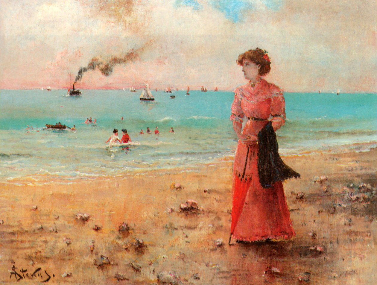 Ung kvinna har det röda paraplyet vid havet av Alfred Emile Stevens