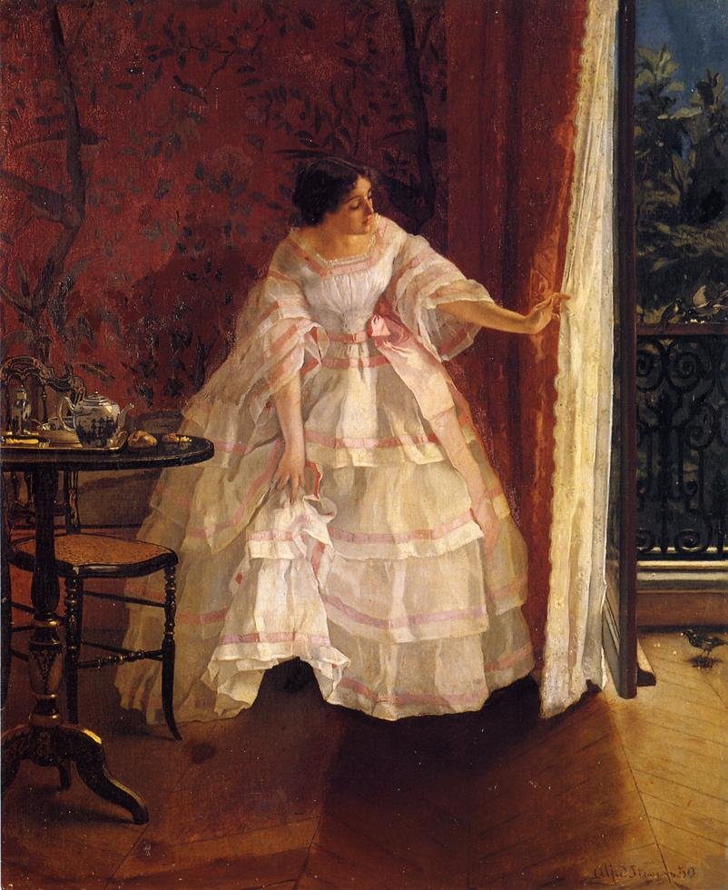 Lady at a Window Feeding Birds  av Alfred Emile Stevens