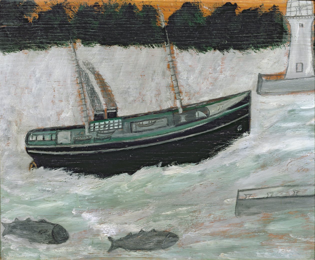 Fyr med trålare och fisk av Alfred Wallis
