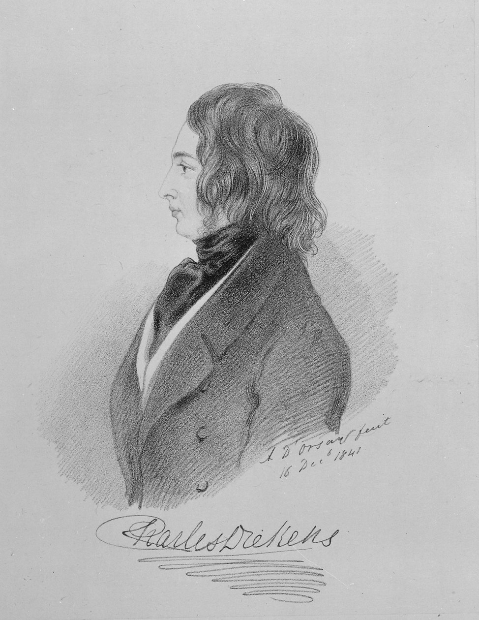 Porträtt av Charles Dickens (1812-70) 16 december 1841 (kol på papper) av Alfred d