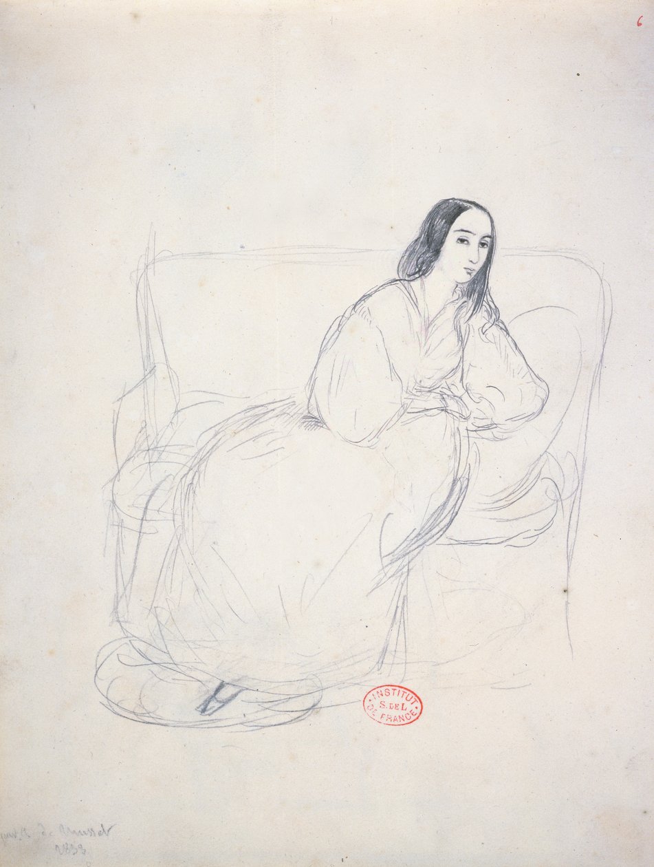George Sand (1804-1876) sittande i en soffa, 1833 av Alfred de Musset