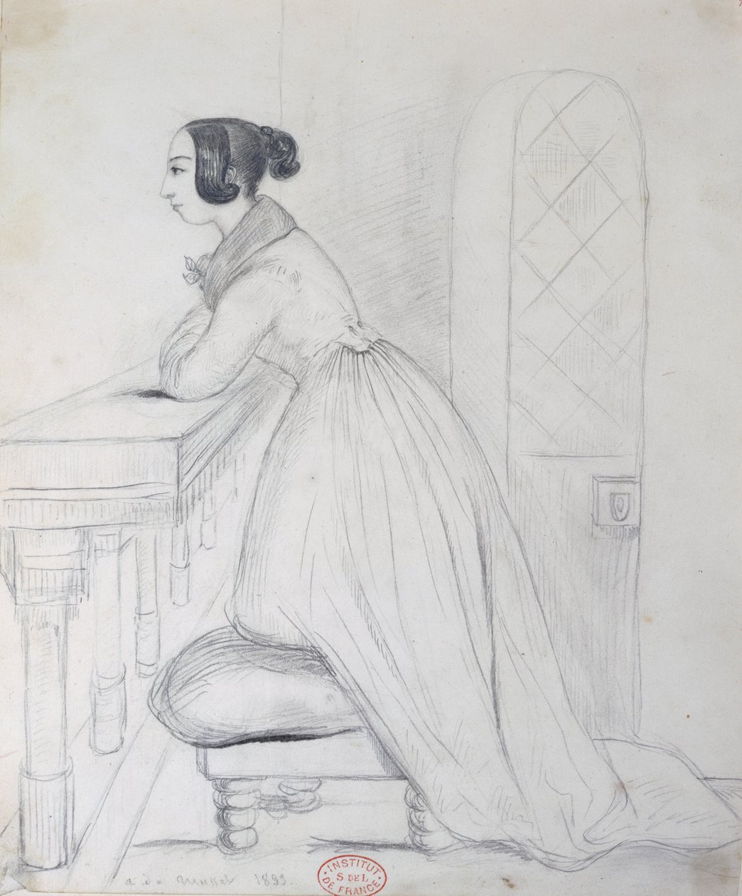 George Sand (1804-76) knäböjande på en puff och med armbågarna på en balustrad, 1833 av Alfred de Musset