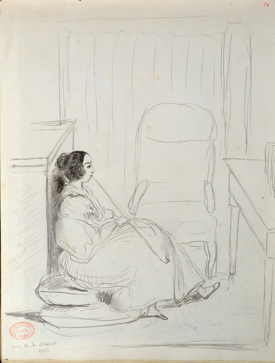 George Sand (1804-76) sitter och röker pipa, 1833 av Alfred de Musset