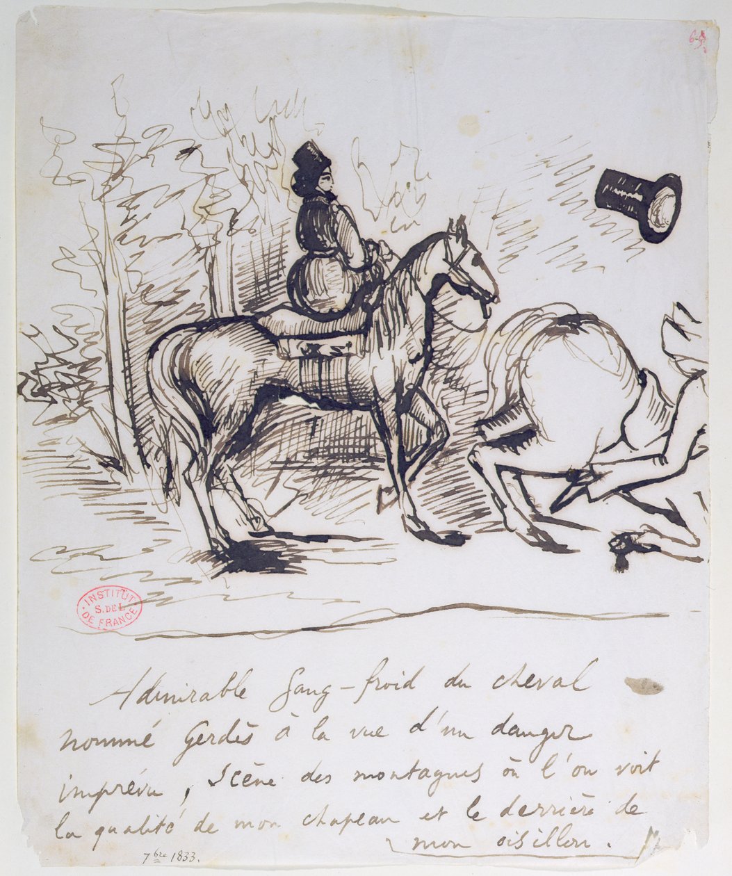 George Sands häst som visar sangfroid bakom Alfred de Musset (1810-57) snubblande häst, september 1833 av Alfred de Musset