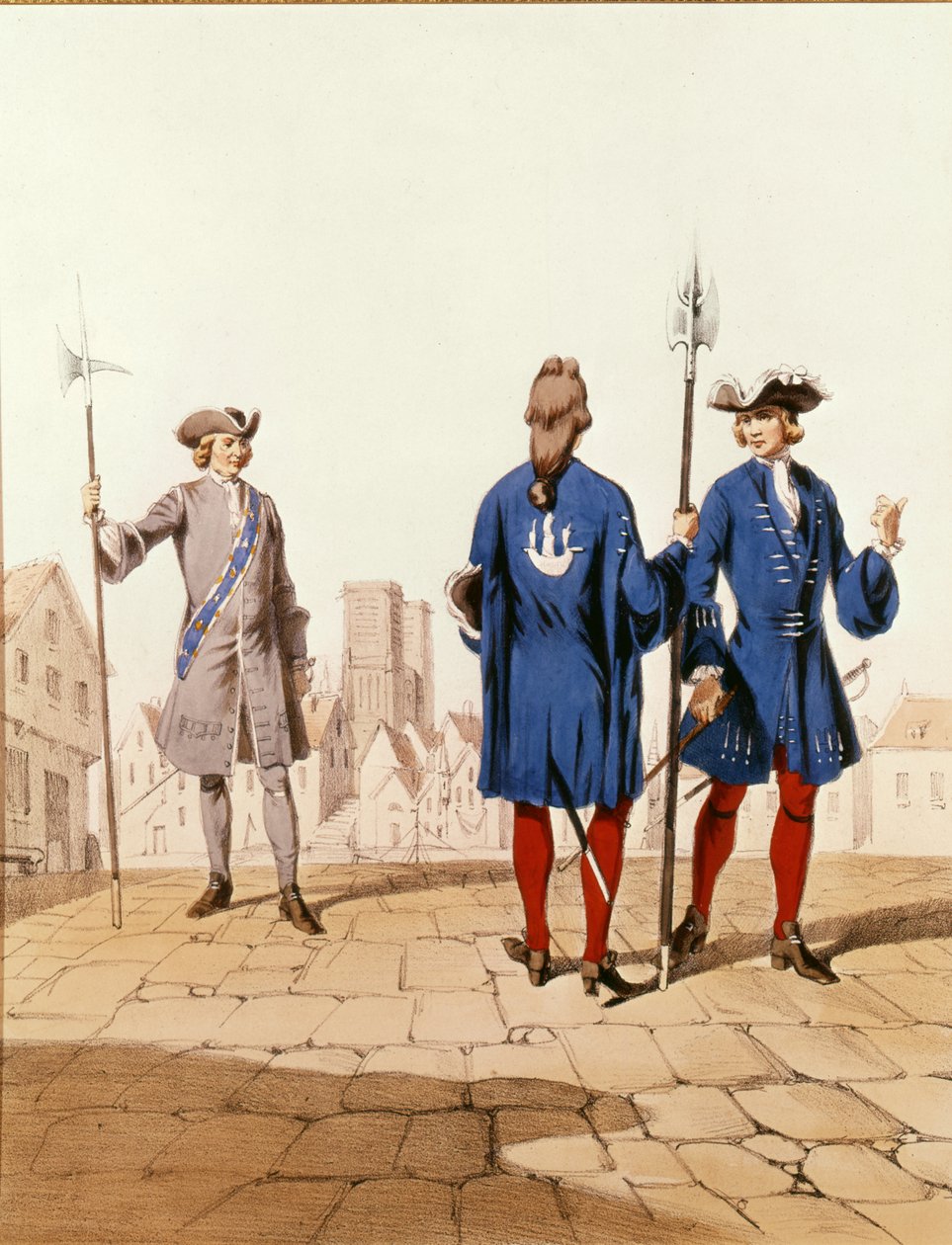 Parisiska trupper från 1700-talet: Stadens väktare och bågskyttar i ceremoniella uniformer, graverade av D. Noirmont av Alfred de after Marbot