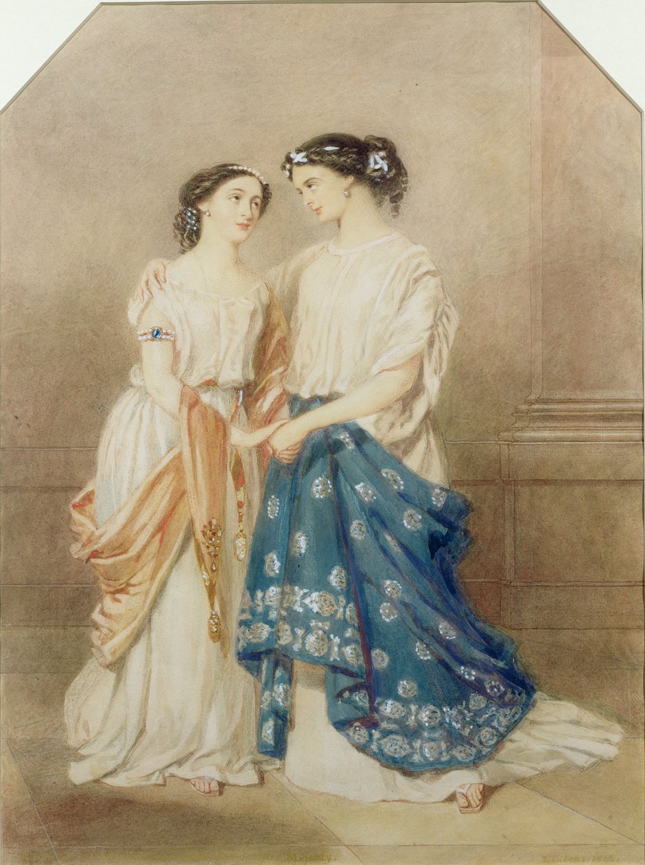Scen från 1848 års produktion av "Antigone" på St. James Theatre med Mlle. Baptiste som Ismeme och Mme. Pechter som Antigone, 1848 av Alfred Edward Chalon