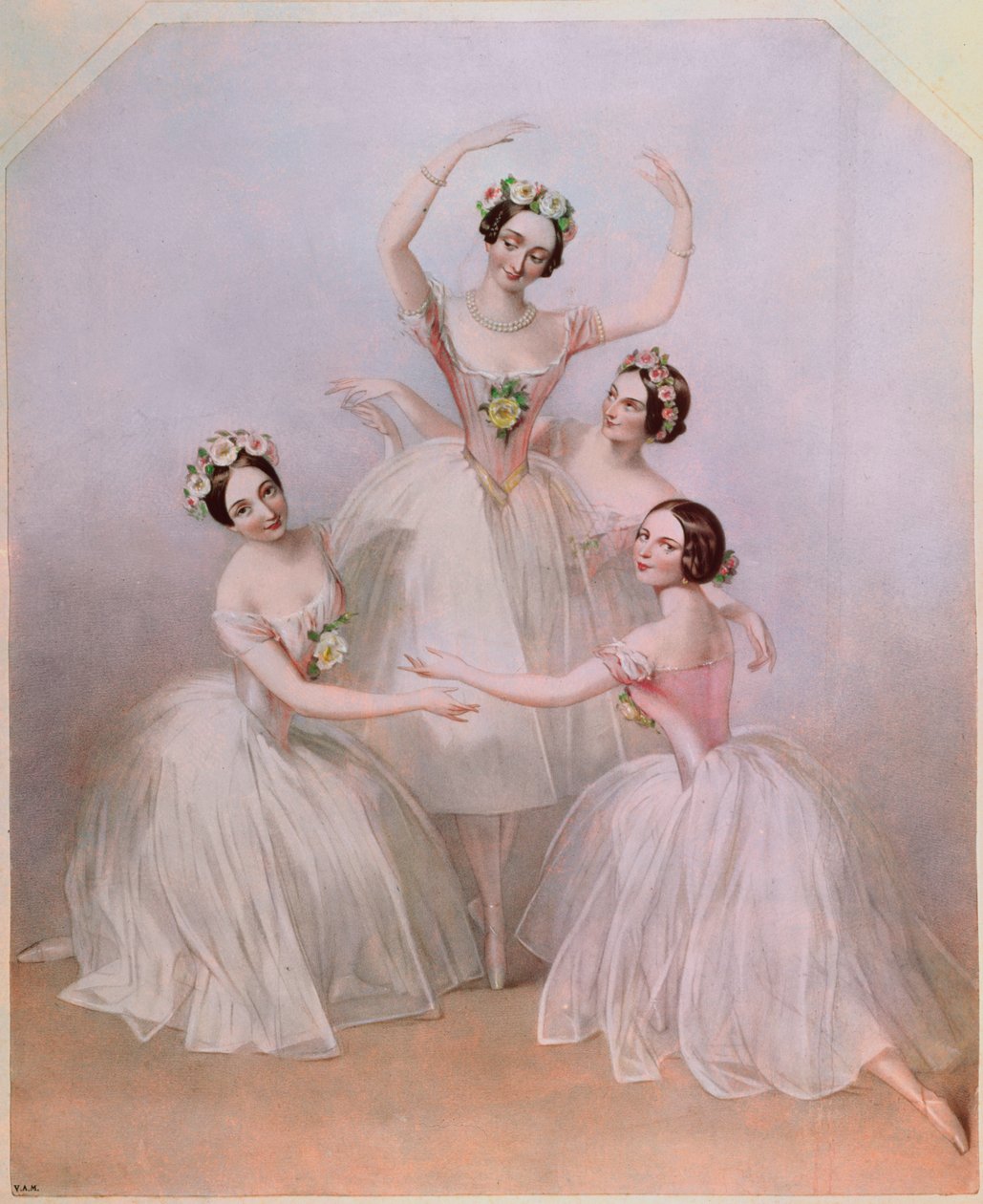 "Pas de Quatre": Carlotta Grisi (1819-99) Marie Taglioni (1804-84), Lucile Grahn (1819-1907) och Fanny Cerrito (1817-1909) av Alfred Edward Chalon