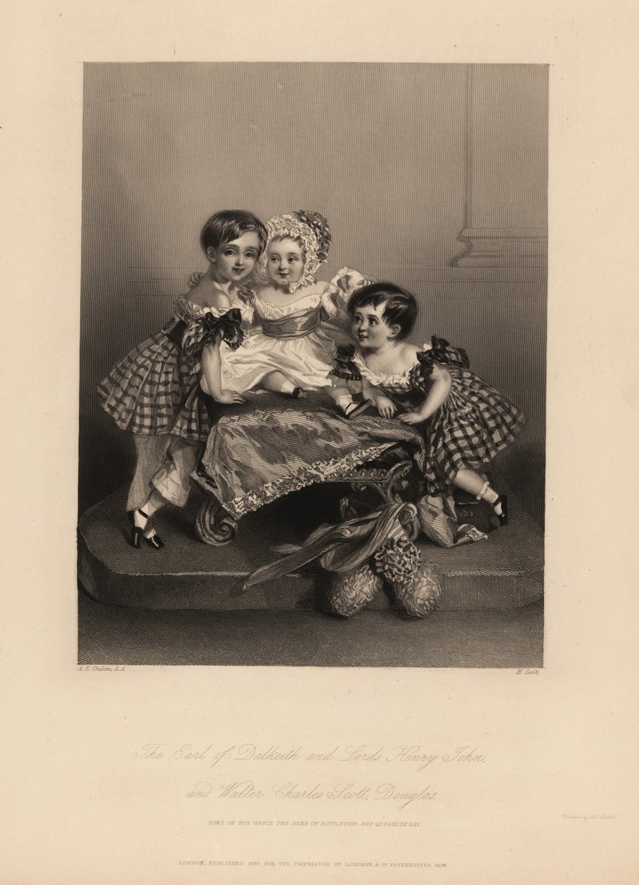 Earl of Dalkeith (William Henry), Henry John och Walter Charles Scott Douglas, son till den 5:e hertigen av Buccleuch, 7:e hertigen av Queensberry. Två söner bär tartanklänningar med band, med den yngsta i huva och satinklänning. Stålstick av H. Cook a av Alfred Edward (after) Chalon