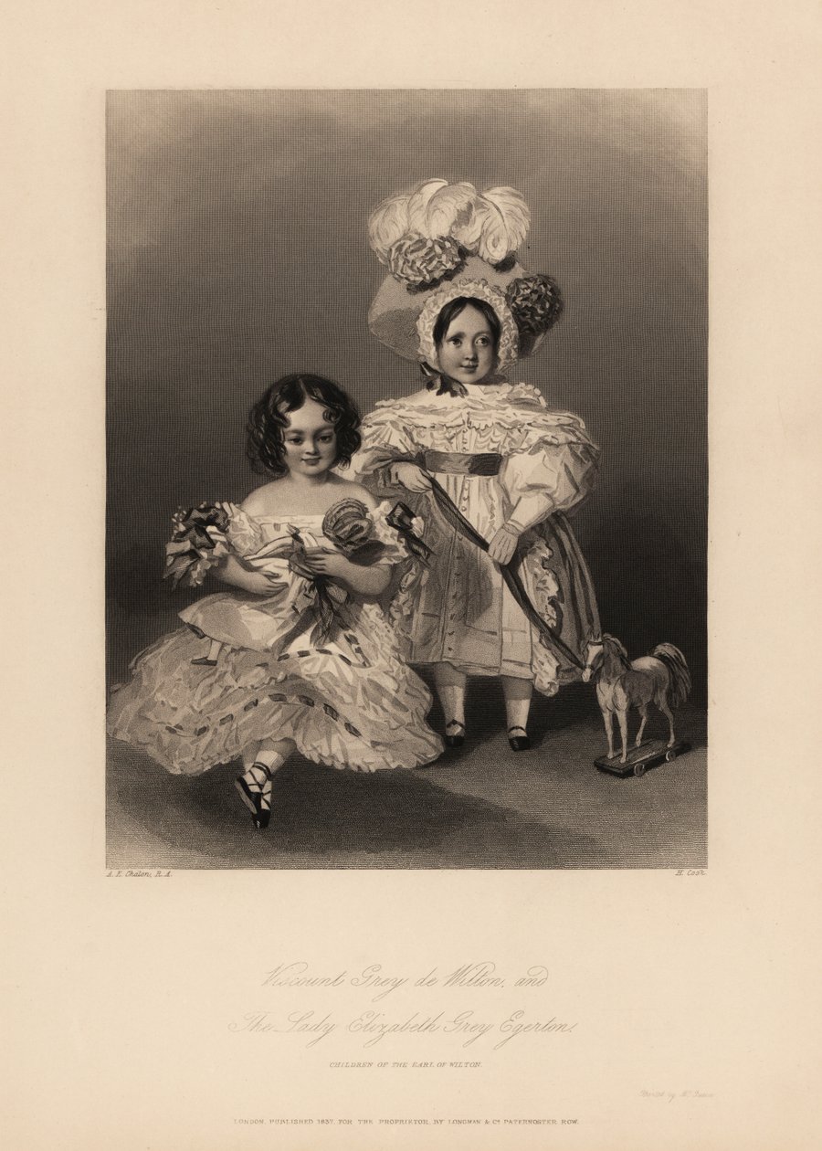 Viscount Gray de Wilton och Elizabeth Gray Egerton, barn till Thomas Egerton, 2:a greven av Wilton. Dotter i ringlets och ryslig klänning som håller en docka och son i klänning och fjäderhuva som håller ett band knutet till en leksakshäst. Stålstick av Hen av Alfred Edward (after) Chalon