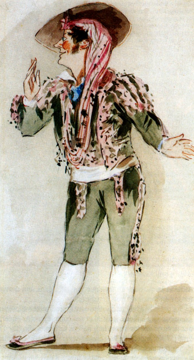 Carlo Zucchelli (1793-1879) italiensk bas, som Figaro i operan "Barberaren i Sevilla" av Gioacchino Rossini, akvarell av Alfred Edward Chalon