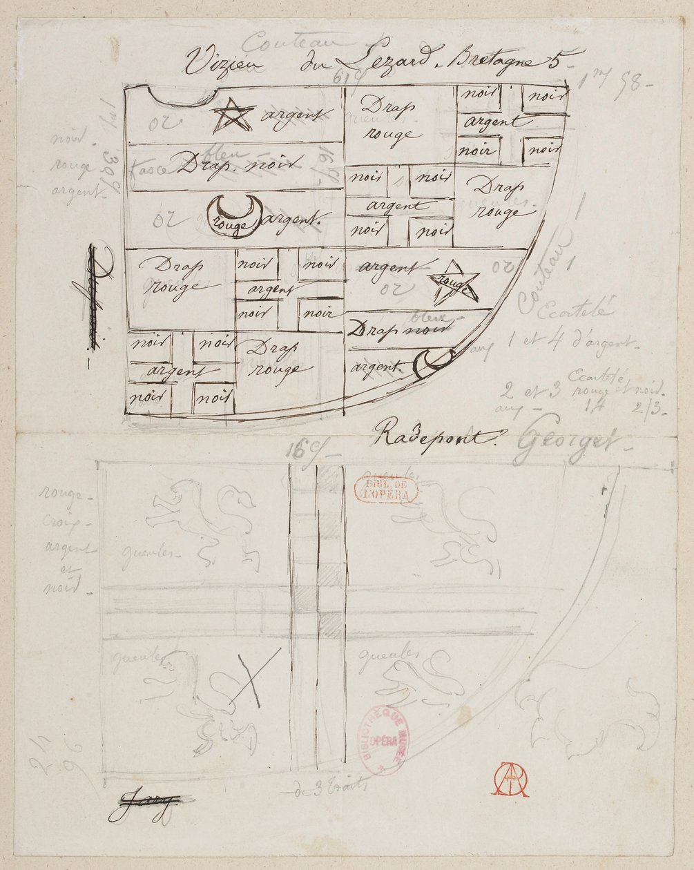 Halévy - La magicienne - kostymmodeller av Alfred Albert - 35 (Vapensköld). Vizieu du Lézard, Bretagne. Herrarna Couteau, Radepont, Georget av Alfred Albert