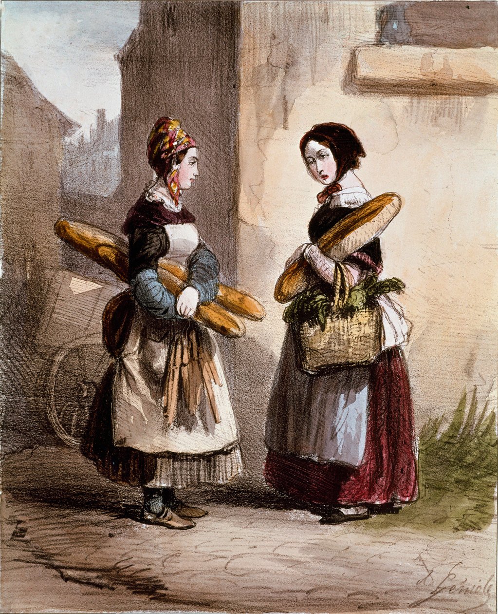 Små metier: bageriet. Ung gående brödhandlare. Tryck av Alfred Andre Geniole (1813-1861) från "Les femmes de Paris" 1841-1842 Paris, Musee Carnavalet av Alfred Andre Geniole