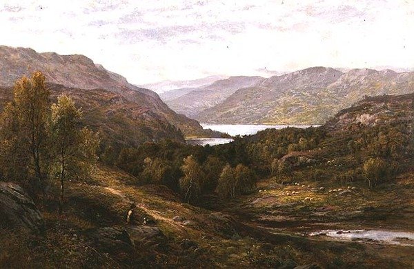 En herdepojke med sin hund i ett höglandslandskap av Alfred Augustus Glendening