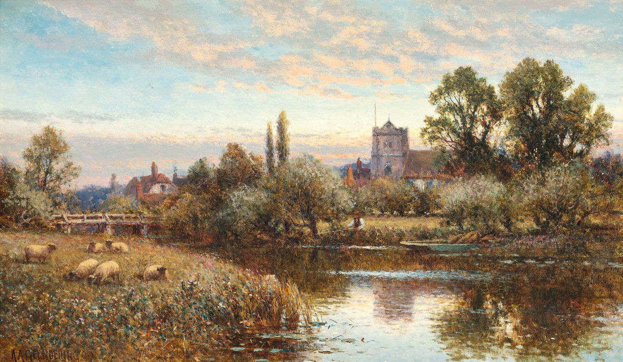 Får som betar före Wrotham Church, skymning av Alfred Augustus Glendening