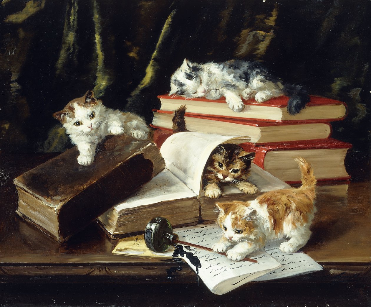 Kattungar som leker på skrivbordet av Alfred Brunel de Neuville