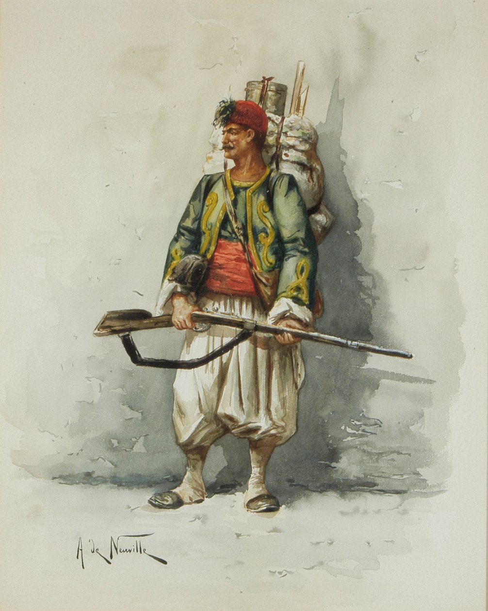 Militärfigur (w/c & tvätt ombord) av Alfred Brunel de Neuville