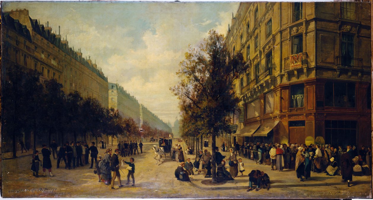 Svans vid dörren till en speceriaffär (hörnet av rue Réaumur och boulevard Sébastopol) i november 1870, 1871 (olja på duk) av Alfred /Brunner Lacoste Emile (1838 81) Decaen